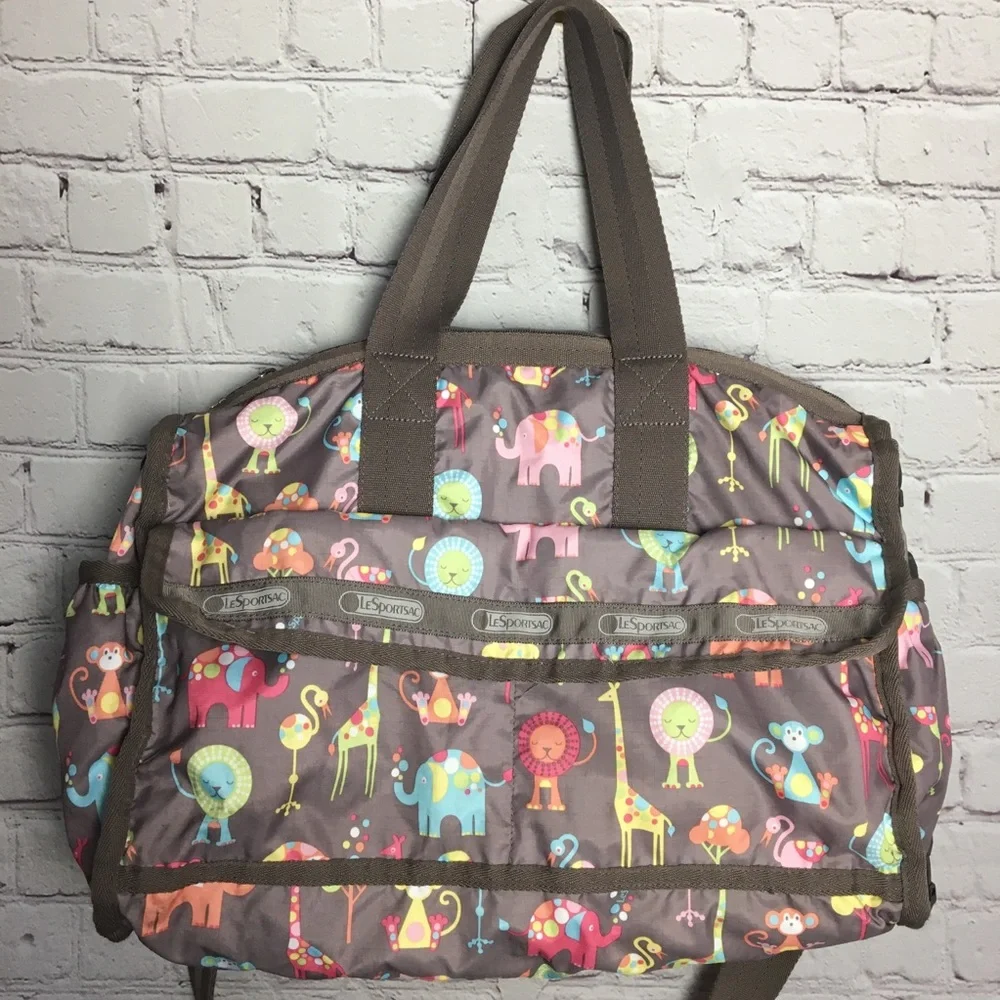 LESPORTAC Classic Diaper Bag Brown Happy Elephants Print